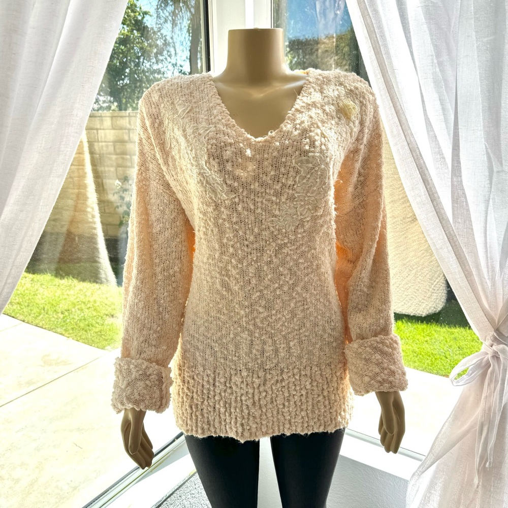 1990s Vintage Oriana Italia Blush Knit Sweater Size S Small Beaded
